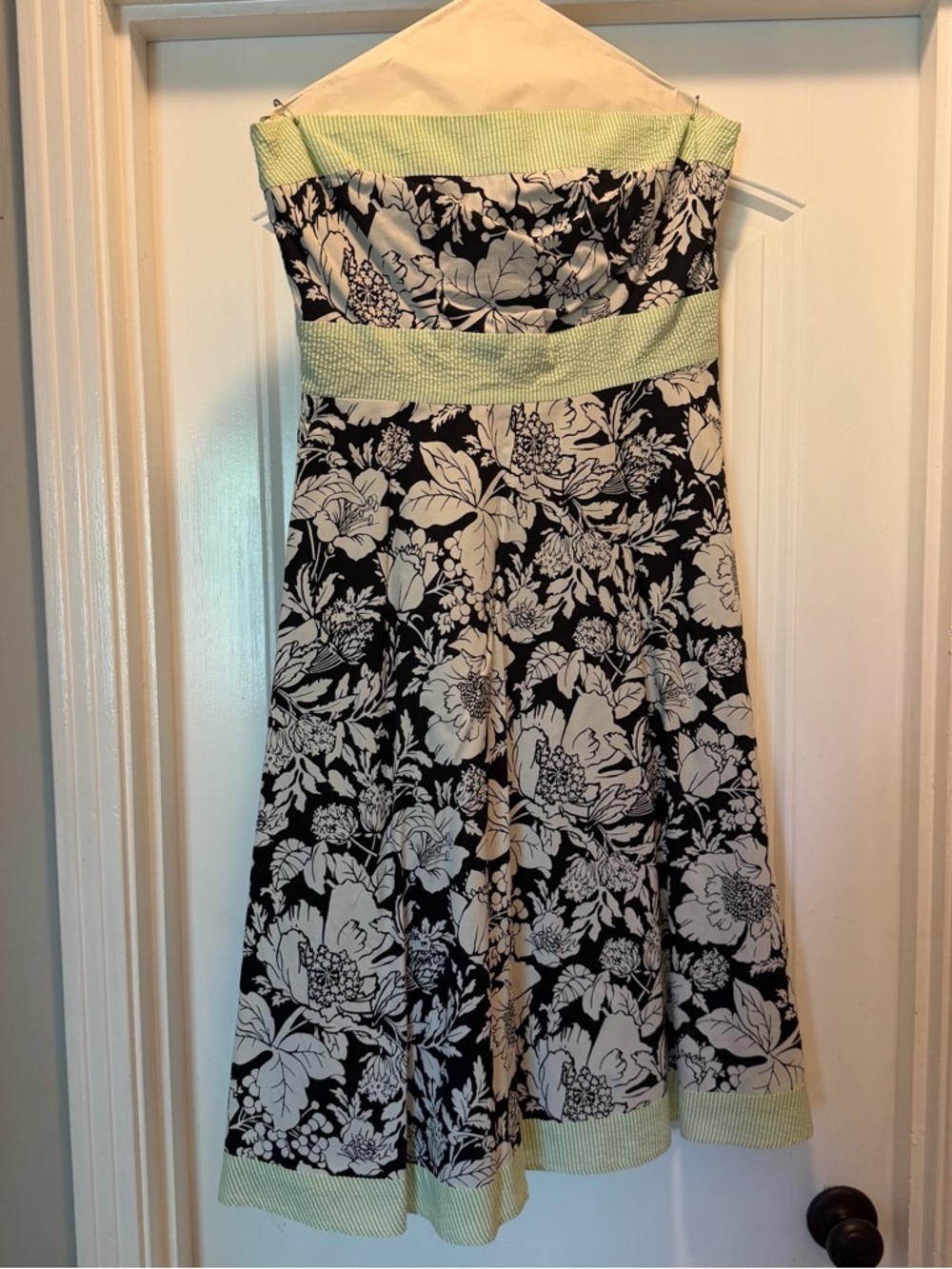 Strapless Floral A-Line Dress in Black and Cream with Lime Accents